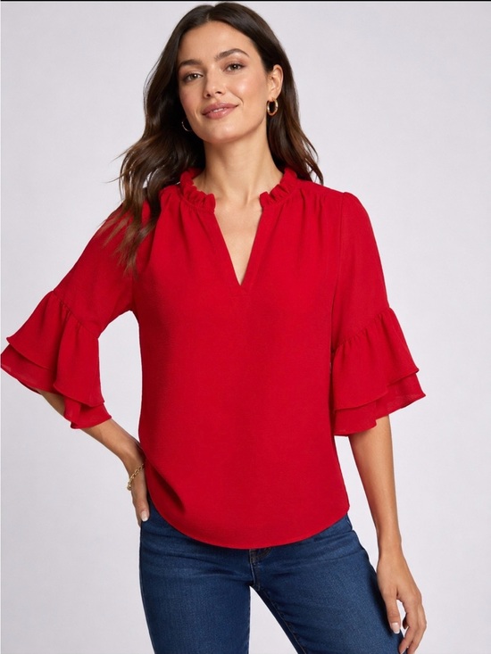 MICHAEL Michael Kors Tops - MICHAEL Michael Kors Red Ruffled V-Neck Bell Sleeve Blouse
